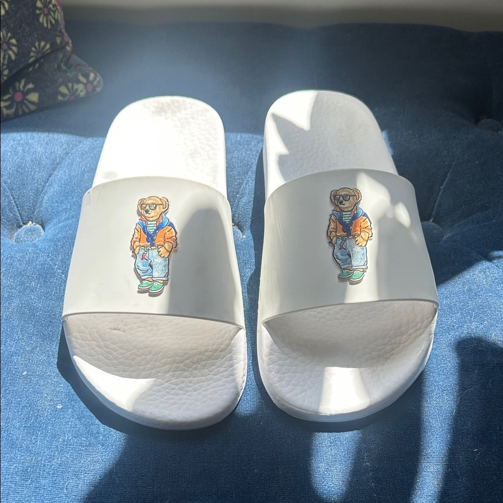 WOMENS White Slide Sandals with Bear Graphic
